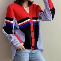 여자옷 스트라이프 배색 믹스 가디건 반전 칼라 자켓 점퍼 나들이 여신