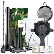 Homestia 칵테일 믹싱 글라스 세트 10피스 바 크리스탈 글라스 위스키 바웨어 도구 세트: 680.4g(24온스) 두꺼운 바닥 유리 머들러 칵테일 여과기 체 1&2온스, Black