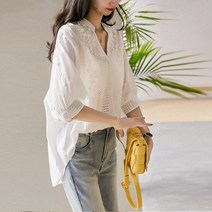 스타일아유 여성 펀칭 블라우스 반팔 브이넥 플라워 자수 레이스 벌룬 퍼프 셔링 봄 여름[AYG6BL0003]