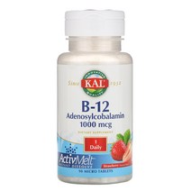 Kal B-12 아데노실코발라민 1000mcg 스트로베리 인스턴트 디졸브 마이크로 타블렛, 90개입, 1개, 90정