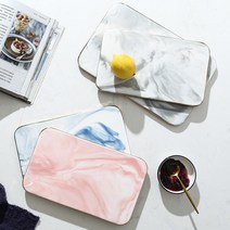 직사각 타원 대리석 오브제 골드 마블 트레이, 라운드트레이-소형, 핑크