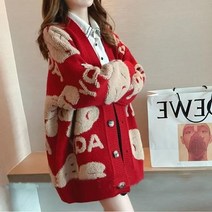 Momolatti 여성용 빅 사이즈 곰돌이 패턴 루즈핏 니트 가디건