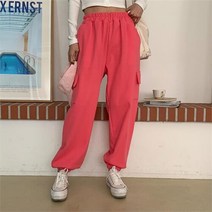 셀러허브(잡화) 여자 카고조거 면바지 와이드핏 밴딩 다홍 팬츠