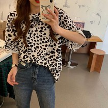 KORELAN 빈티지 호일 호피 반팔 티셔츠 여 루즈핏 미디 상의 여름 캐주얼 이너 여성복 패션