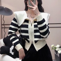 마켓피아 빅카라 크롭 집업 스트라이프 가디건