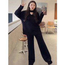여자니트티 예쁜니트 여성스웨터 플러스 사이즈 여성 의류 지방 mm 게으른 스타일 교수형 목 스웨터 재킷 스웨터 넓은 다리 바지 여성 가을 겨울 모양 얇은 느슨한 양복