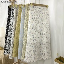 JUST FEEL!NG 여름 빅사이즈 잔꽃 플라워 여성 롱 쉬폰 스커트 슬림핏 A라인 롱 치마 휴양지 비치웨어
