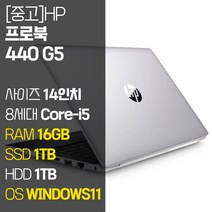 HP ProBook 440 G5 인텔 8세대 Core-i5 RAM 16GB M.2 SSD + HDD 1TB 윈도우 11설치 사무용 중고 노트북, WIN11 Pro, 2TB, 코어i5