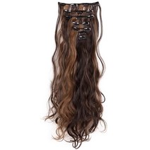 [정품] LELINTA 7피스 클립 16개 61cm(24인치) 웨이브 컬리 풀 헤드 클립, Dark Brown Mix Light Auburn