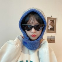 투톤 배색 니트 후드 넥워머 단추 바라클라바 모자