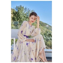 긴팔 살코기 조임 프린트 프렌치 원피스