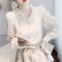 캐주얼 올 매치 프릴 레이스 셔츠 여성용 블라우스 봄 가을 패션 카디건 상의