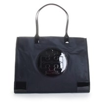 Tory Burch Ella 여성용 경량 인조 가죽 트림 시그니처 토트 핸드백 블랙 페이턴트