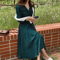 여자 도트 셔링 브이넥 플레어 롱원피스