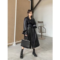 가죽 자켓 롱 셔츠형 바이크 lautaro 여성용 긴 오버사이즈 가죽 트렌치 코트 긴 소매 라펠 루스 핏 가을 세련된 블랙 여성 의류 streetwear