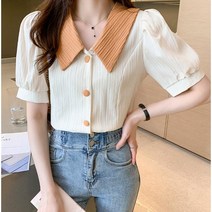 Momolatti 여성 오픈 컬러 인형 칼라 매칭 반팔셔츠 블라우스