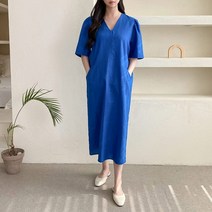 여자 여름 시원한 V넥 반팔 일자 트임 린넨 롱원피스