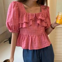 코코블랑 뮤즈 체크 프릴 블라우스