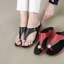 소가죽 큐빅 보석 반지 엄지고리 쪼리 편한 미들굽 웨지 슬리퍼 샌들 블랙 레드 3cm