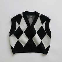 도오빠 다이만비 아동 니트 봄 조끼 브이넥 아가일 체크 여아 남아 공용 주니어 어린이