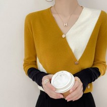 봄 가을 색상 차단 양모 스웨터 여성 V넥 카디건 가디건 슬림 니트 얇은 섹션