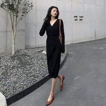 여성 캐주얼 맥시 v 넥 롱 빈티지 싱글 브레스트 니트 긴팔 원피스 38