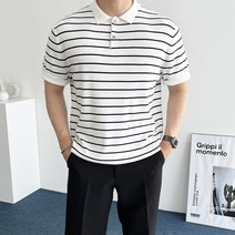 데일트 남자 여름 스트라이프 반팔 카라 니트