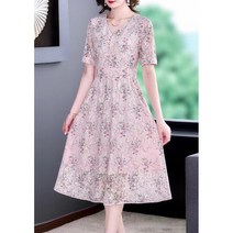 네이워에스엔 여자 여름 반팔 슬림핏 V넥 허리라인 레이스 플라워 자수 원피스