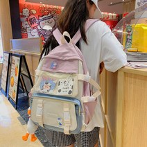 Schoolbag 여성 한국어 버전 ulzzang 작은 신선한 콘트라스트 캐주얼 고등학생 배낭 일본 귀여운 책가방, 핑크 플러시 펜던트
