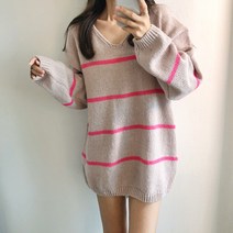 요시아나 [당일발송] 컬러풀 하르디 V넥 스트라이프 루즈핏 롱니트 -3컬러