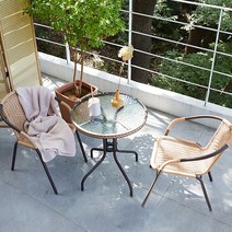 베스트리빙 어디에서나 사용가능한 심플한 원형 다용도 라탄 야외용 베란다 티테이블세트/테이블 의자2개 3color, 내츄럴