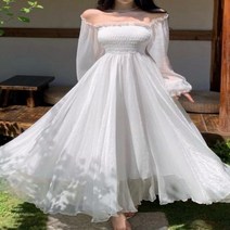 셀프 웨딩드레스 셀프웨딩 화이트 드레스 맥시 오프 숄더 퍼프 탄성 높은 허리 파티 가운 프릴 홀리데이