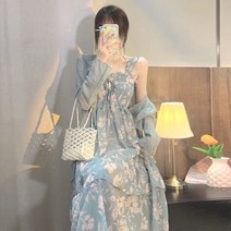티 브레이크 프랑스 platycodon grandiflorum 롱 스커트 부드러운 바람 블루 쉬폰 꽃 콘돌 벨트 드레스 투피스 세트 여성 여름, 블루 세트, M