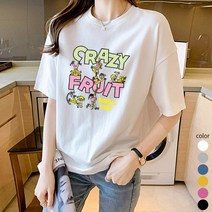 스타일아유 귀여운 오버핏 면100% 반팔티 여성용 빅사이즈 박시 순면라운드 반팔티셔츠 반팔 티셔츠 AYG6TS334A