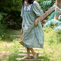 미야 드레스 그린 핸드블럭프린트 보헤미안 원피스 리조트 룩 휴양지 여름 인도 원단 오이쇼대체 핸드메이드