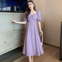 원피스 여성 드레스 롱 2021 여름 스퀘어 칼라 퍼플 여성용