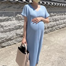로니엘 브이넥 슬림 니트 여름 반팔 트임 롱 원피스 임산부 임부복 빅사이즈 오피스룩