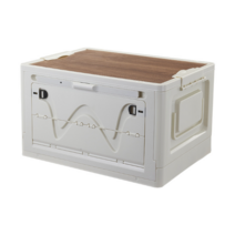 LHR 야외 접이식 수납장 다기능 트렁크 분류 상자 저장 상자 캠핑 접이식 2단 수납장, 베이지 램프 + 나무 커버