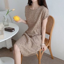 여자 여름 플라워 린넨 밴딩 캡소매 원피스