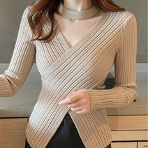 2023 가을 겨울 캐러멜 크로스 v넥 디자인 니트 셔츠 여성용 한국 자기 재배 올 매치 행잉 넥 불규칙한 탑