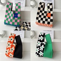 여성 꽃무늬 가방 토트 핸드백 체크 니트키치미니백