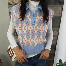 상상그이상 여성용 국내제작 카라 3도 아가일 조끼 유니크한 디자인 가벼운 따뜻한 부드러운 구김없는 체크니트 반오픈 사이즈 좋은 포인트 코디 레이어드 브이넥 니트 조끼