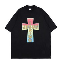 기독교천주교 십자가레인보우 로고 예수님은 킹 티셔츠 특대 카니 예 웨스트 이색 프린트 일요일 서비스 티, 02 6_03 L