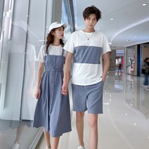 Uni 여름 커플룩 여자 반팔 롱 원피스남자 반팔 티셔츠 세트
