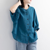 빅사이즈 린넨 셔츠 5부 소매 여성복 상의 중소매 면마 셔츠 녀