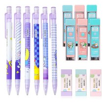 NSJDDWN 아동용 귀여운 샤프 세트 0.5mm 일본 카와이 연필 6개 튜브 리필 지우개 3개 쓰기 드로잉 스케치용 학용품 USA 미국, Purple