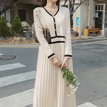 [마이더스비] 코린 배색 플리츠 니트 원피스