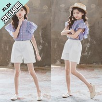 [랑구랑구] 여아 프릴셔츠 반바지 상하복세트 키즈 주니어 초등여아 체크 프릴 민소매 블라우스 반바지 코디세트