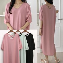 유앤마인 브이넥 여성 롱원피스 빅사이즈 여름 가을 롱원피스 3Color 루즈핏 간절기 퍼프소매 뒷X끈포인트 반팔 옆트임 롱원피스