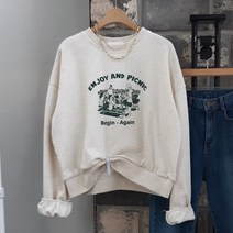 상상그이상 여성용 국내제작 비긴어게인 맨투맨 세미 크롭기장 유니크한 프린팅 포인트 가성비 좋은 간절기 캐주얼한 데일리 맨투맨 티셔츠